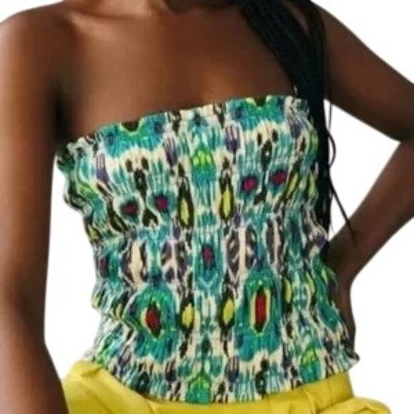 Anthropologie Green Ikat Print Smocked Tube Top - Picture 1 of 6